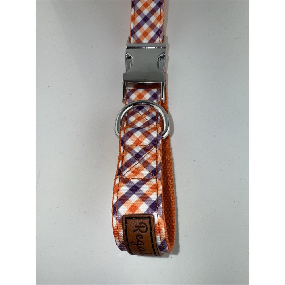 Regal Dog Collar Large – Purple & Orange Plaid – Adjustable Quick Release